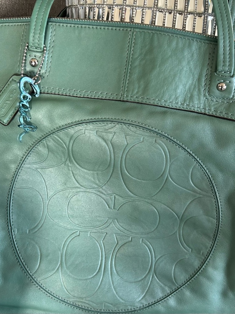Coach Mint Green Embossed Leather Tote with Logo Charm